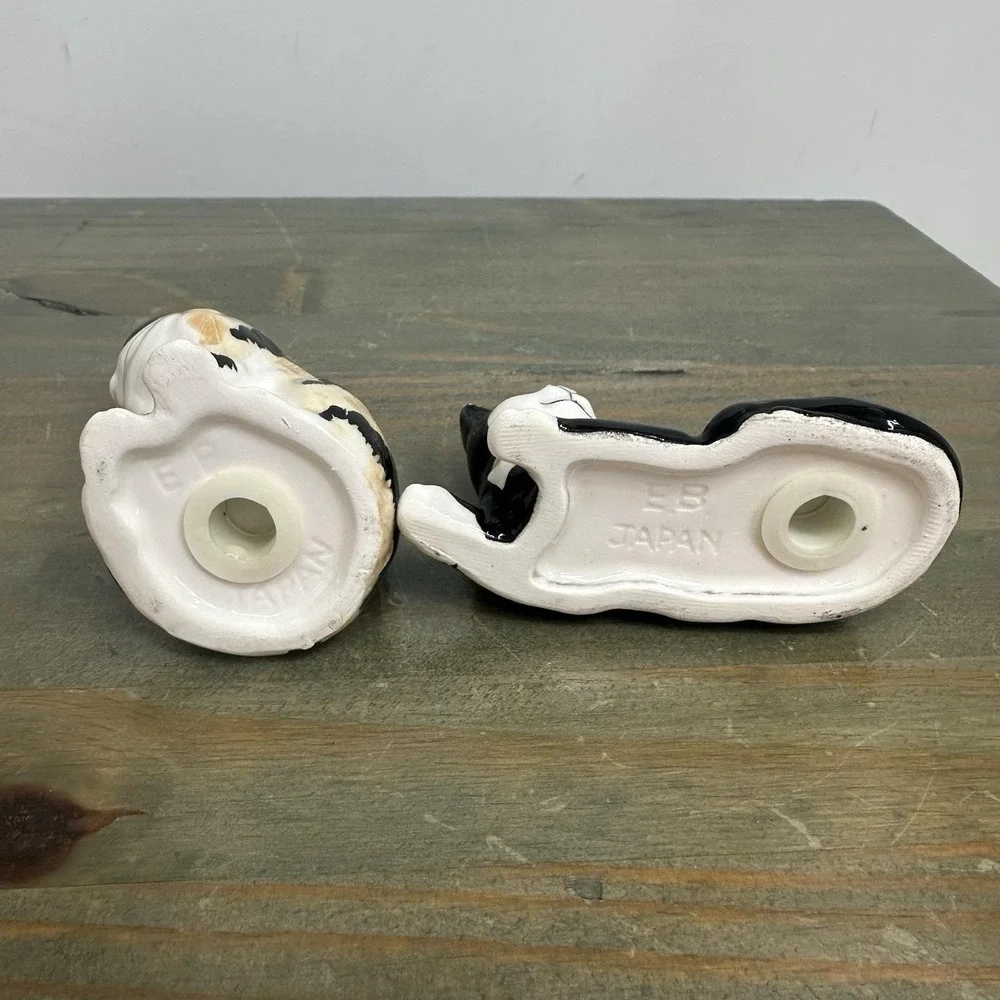 Vtg Japan Ceramic Black White Tuxedo Stripe Tiger Kitty Cat Salt Pepper Shakers